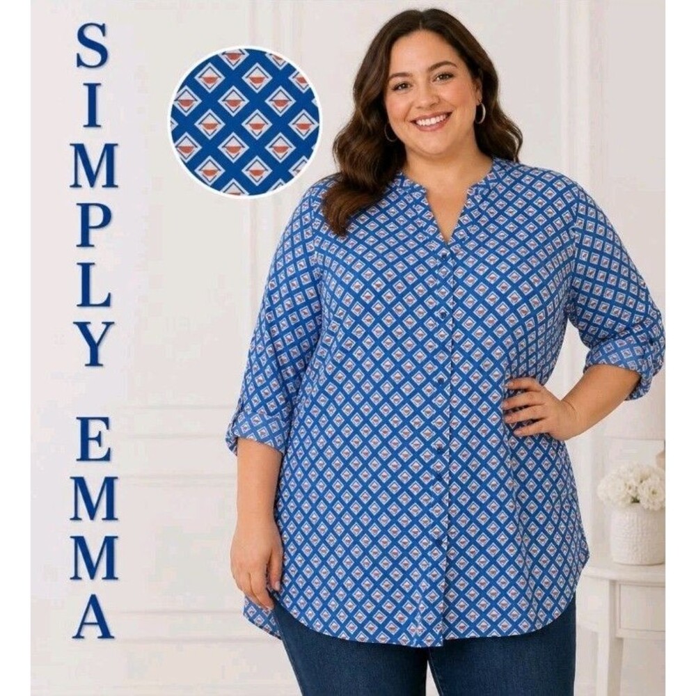 NWOT SIMPLY EMMA Womens 1X Career Tunic Abstract Print Hi Lo V-Neck Blue Top